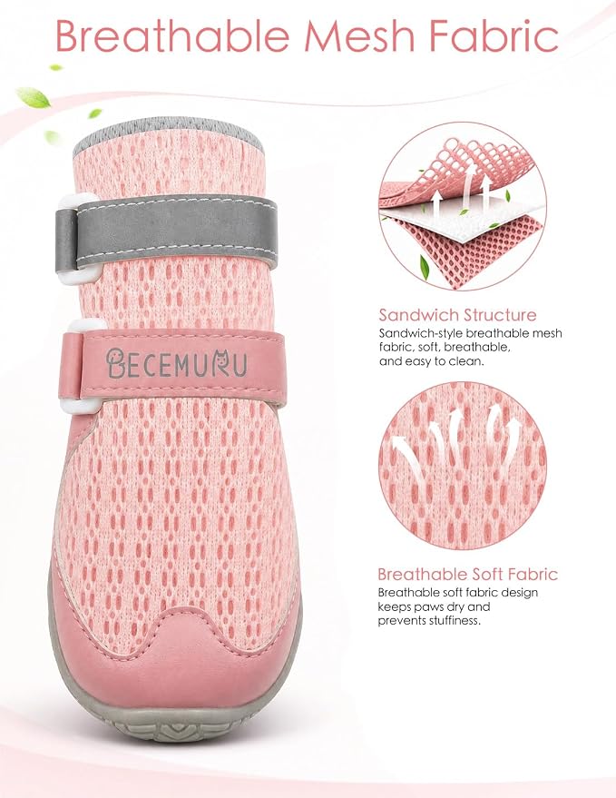 BECEMURU Dog Shoes for Summer, Double-Straps Anti-Slip Dog Boots & Paw Protectors for Hot Pavement, Breathable & Light Weight Outdoor Walking Hiking Pink Size 3