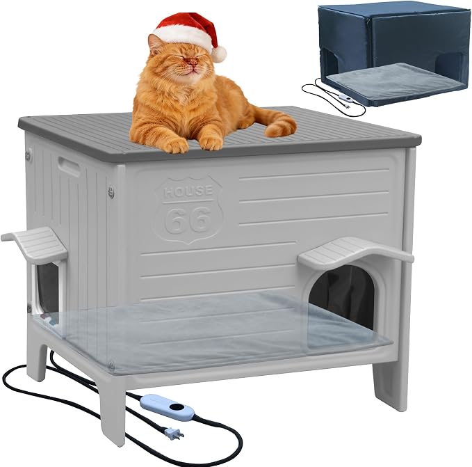 Heated Cat House for Outside with Insulated Liner | Outdoor Cat House Weatherproof,Plastic,Easy to Assemble Easy to Clean