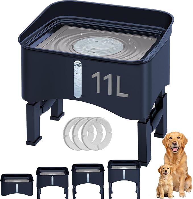 UPSKY 2.9Gal No Spill Dog Water Bowl, 4 Height Adjustable Elevated Bowl with Slow Drinking Feeder for Senior Dogs, Anti-Splash Floating Disk & Filter, Large Capacity for Large Dogs & Multi-Pet Homes