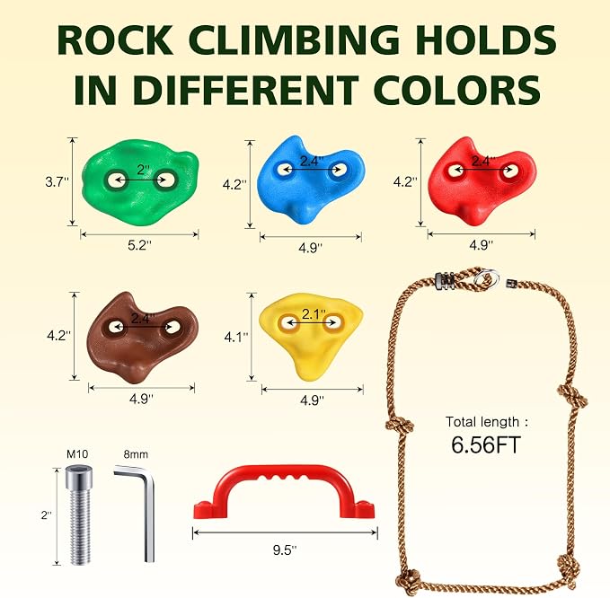 TOPNEW 20 PCS Rock Climbing Holds for Kids, Rock Wall Holds with 6.56 Ft Climbing Rope and 2 Handles, Rock Wall Climbing Kit for Indoor and Outdoor Playset - Includes Mounting Hardware