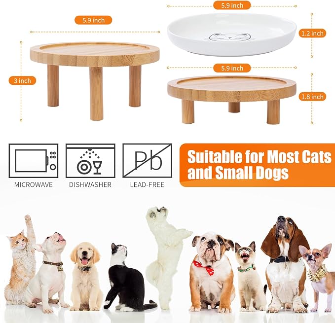 Lusifaco Shallow Elevated Cat Bowls,5.9 Inch Wide Raised Ceramic Cat Dishes with Bamboo Stand, Whisker Friendly Pet Water or Food Plates Feeding Station for Indoor Cats, Kitten(Grey,Set of 2)