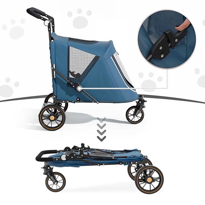 MoNiBloom Pet Stroller for Large Dogs or Dogs Cats up to 55 lbs, Navy Blue | with Adjustable Handle, 3-Wheels Dual Entry Portable Dog Carting Easy Folding Pet Wagon Double Multiple Dog Stroller