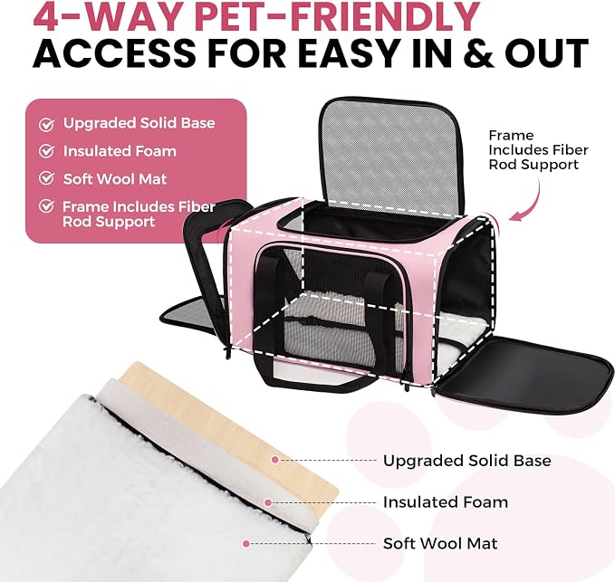 Soft-Sided Cat Carrier Expandable Pet Carrier Airline Approved Mesh Travel Carrier Up to 15lbs for Cats Small Dogs Collapsible Escape-Proof with Shoulder Strap Washable (18x11x11 Pink)