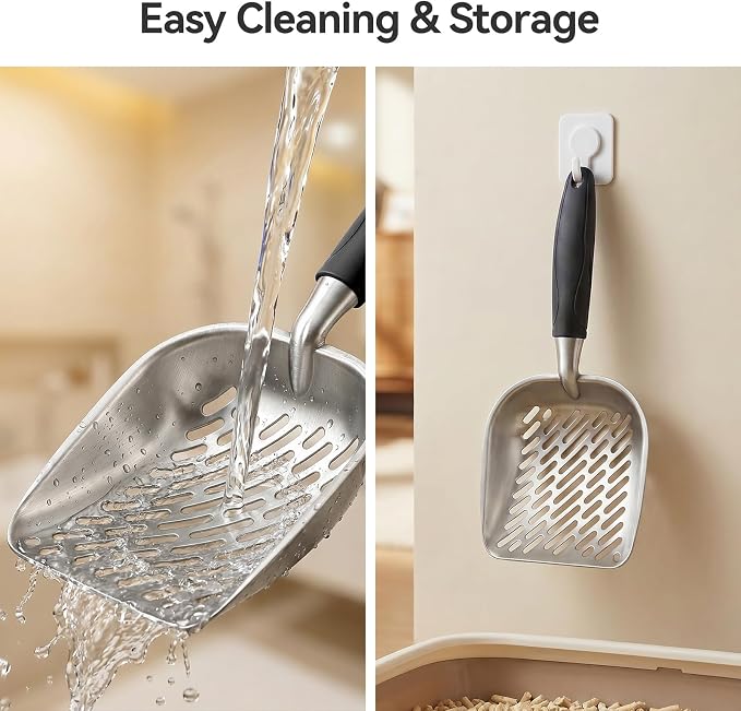 Cat Litter Scoop, Kitty Metal Scooper with Long Handle | Heavy Duty Aluminum Deep Sifter, Rustproof Durable Kitten Poop Shovel for Travel & Small Litter Box