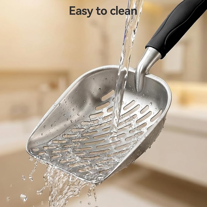 Cat Litter Scoop, Large Long Handle Kitty Metal Scooper | Heavy Duty Aluminum Deep Sifter, Ergonomic Non-Slip Grip, Rustproof Durable Poop Cleaner for Cat Litter Box
