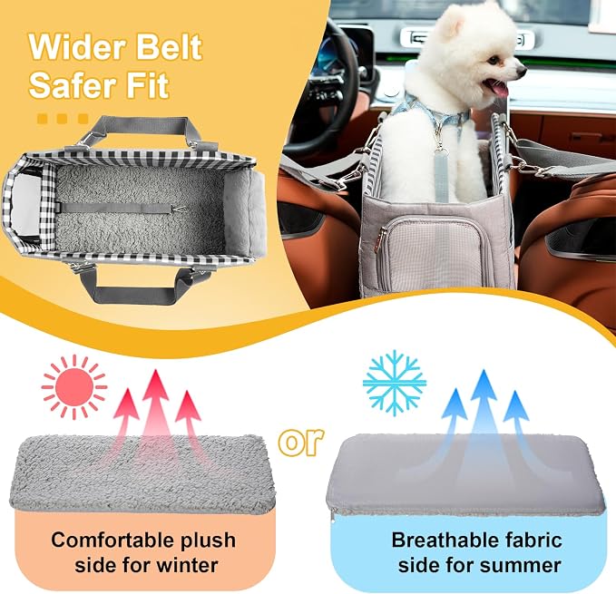 Console Dog Car Seat for Small Dogs Cats Up to 11lbs, Anti-Collapse Pet Armrest Booster Seat with Soft Pillow,Non-Slip Seat Rails Hooks & Safety Belt, Portable Car Accessories for Pets Travel