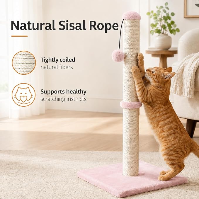 Dimaka Tall Cat Scratching Post, Claw Scratcher with Sisal Rope and Covered with Soft Smooth Plush, Vertical Scratch [Full Strectch] for Standard Size Cats (Pink, 29 inches for All Cats)