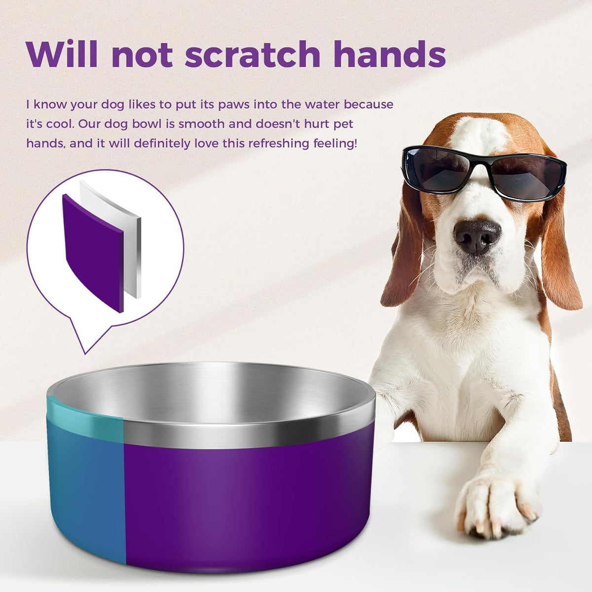 Dog Bowl, Stainless Steel Dog Food and Water Bowl with Non Slip Quiet Bottom, Easy to Clean, Dishwasher Safe, 64oz, Purple