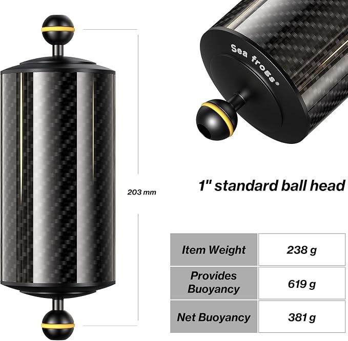 Sea frogs Carbon Fiber Float Arm D80mm, 8'', Buoyancy Provided 600g | for Ultralight Aquatic Arm, Underwater Camera System Diving Tray Video Light/Strobe GA-10