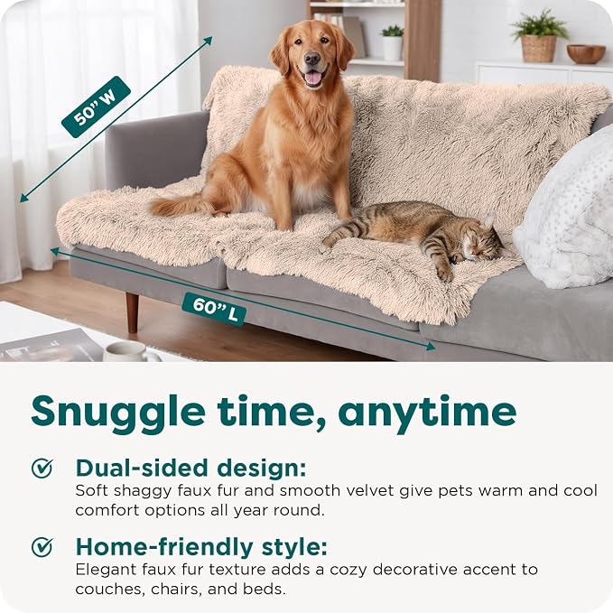 Furhaven Waterproof Throw Blanket for Dogs & Indoor Cats, Reversible Protective Pet Blanket, Extra Large, Long Faux Fur & Velvet, Taupe
