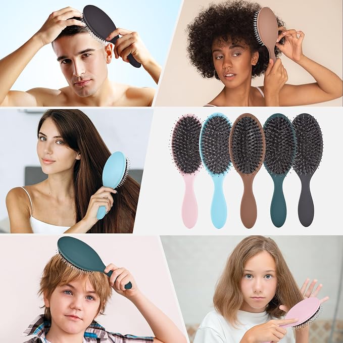 Boar Bristles Hair Brush for Women and Men, Detangling Hair Brush for Smoothing Massage Add Shine, Nylon&Boar Bristles Detangler brush for Hair Healthy (1 Pack-Blue)