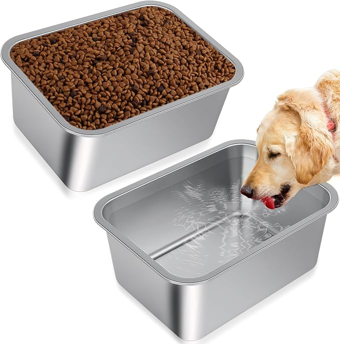 Bwogue Extra Large Dog Water Bowl, 3 Gallons, Stainless Steel, Durable, High Capacity, Rectangular Structure, Strong Stability, Easy to Clean | 2 PCS Large Dog Water Bowl, Large Water Bowl for Dogs, Wide Deep Bowl, Rectangular Shape, Easy to Clean, Ind...