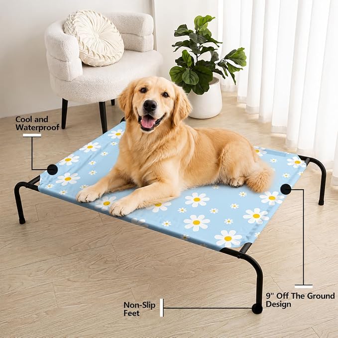 Blue Daisy Pattern Orthopedic Elevated Dog Pet Bed(47"X31"X9"),with Metal Frame,Printing Breathable Waterproof Dog Kennel,Sleeping Bed Set for Small Medium Large Dogs Cats,for Home,Outdoor Use