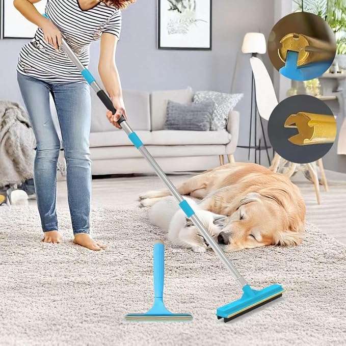 Upgraded Carpet Rake for Pet Hair Removal,2PCS Reusable Pet Hair Remover with 56” Adjustable Long Handle, 3 in 1 Rubber Broom and Carpet Brush Scraper for Rugs, Mats, Couch, Furniture