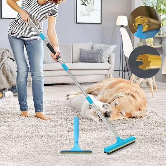 Upgraded Carpet Rake for Pet Hair Removal,2PCS Reusable Pet Hair Remover with 56” Adjustable Long Handle, 3 in 1 Rubber Broom and Carpet Brush Scraper for Rugs, Mats, Couch, Furniture