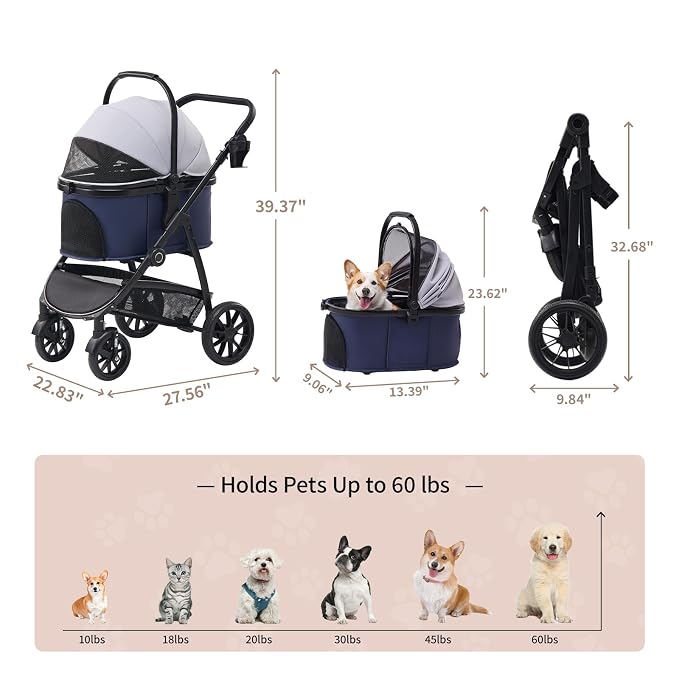 3-in-1 Pet Stroller for Medium Dogs & Cats, Detachable Aluminum Frame Carrier, All-Terrain 4-Wheel Dog Travel Carriage, Shock Absorption, Easy-Entry Low Door, Max 55lbs - Blue Grey