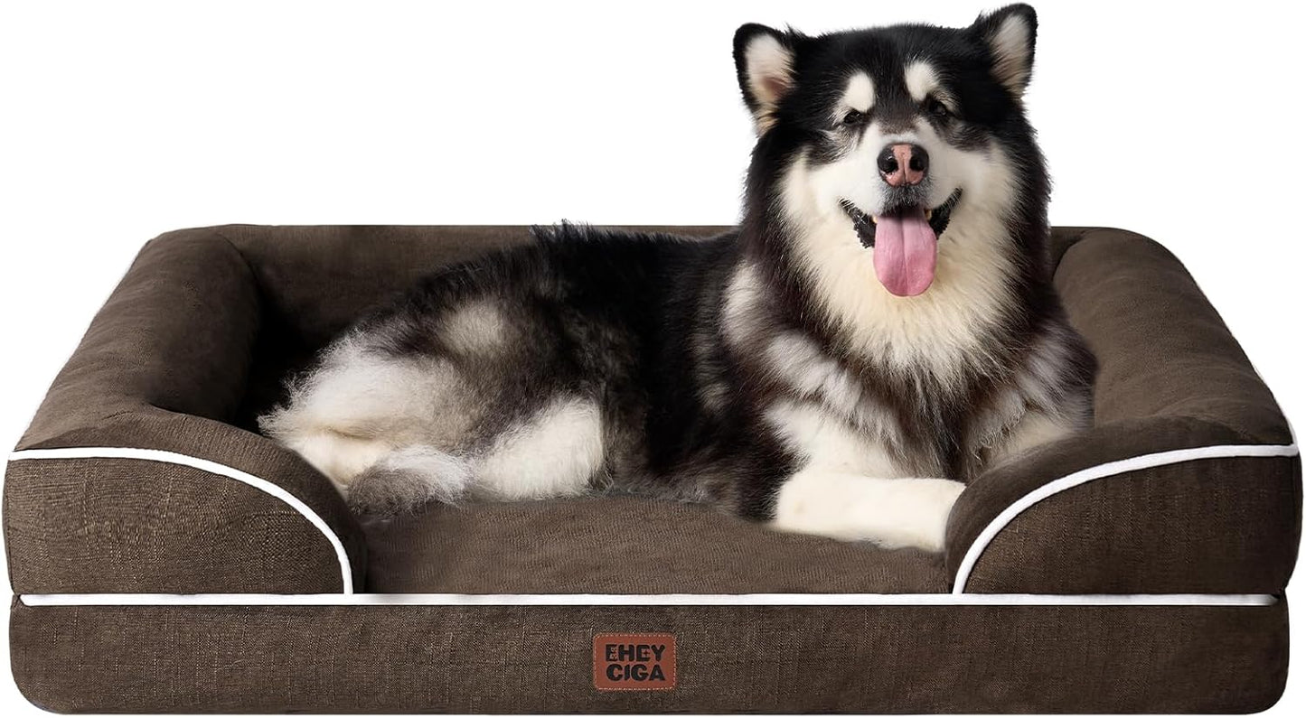 EHEYCIGA Orthopedic XL Dog Beds, Waterproof Memory Foam Dog Bed for Extra Large Dogs, Non-Slip Bottom and Egg-Crate Foam Big Pet Couch Bed with Washable Removable Cover, Brown