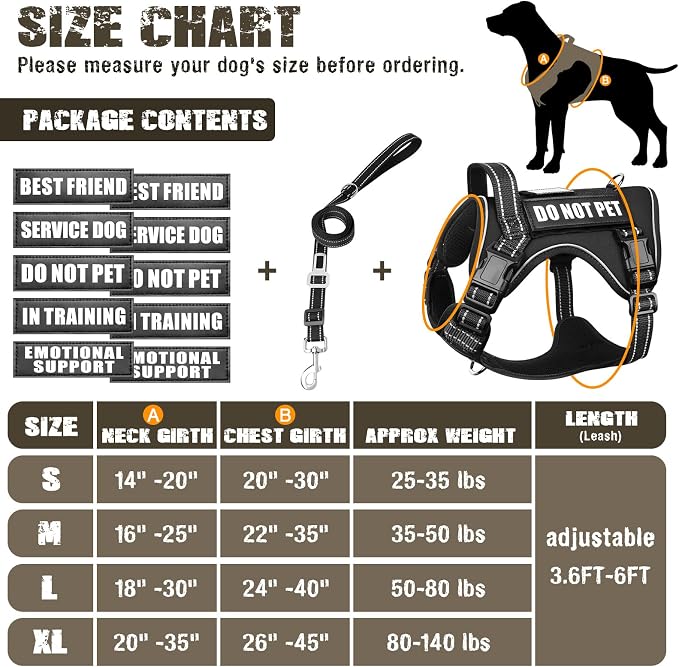Tactical Dog Harness and Leash Set for Large Dogs+10 Dog Patches | Heavy Duty No Pull Service Dog Vest with Dog Seat Belt,Padded Handles,Adjustable Reflective for Training Hiking Black L