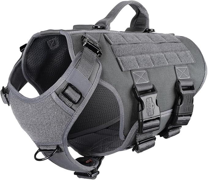 ICEFANG No Pull Tactical Dog Harness for Medium Dogs,Adjustable Dog Vest | Control Handle,MOLLE Panel,Front Hook,3 Leash Clips,Soft Padded,for walking training,Grey,Medium