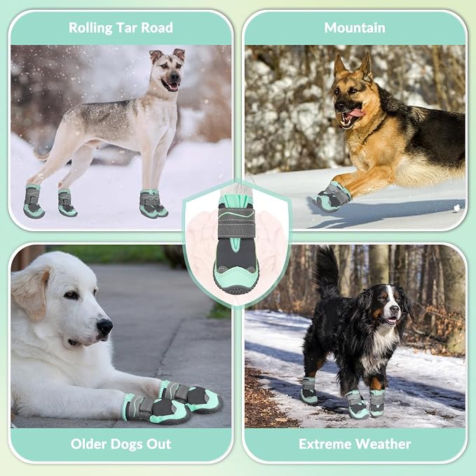 SlowTon Dog Shoes for Large Small Medium Dogs - Waterproof Dog Boots for Summer Hot Pavement, Paw Protector for Outdoor Walking Winter Snow, Anti-Slip Rubber Dog Booties for Hard Floor (Green Gray, 8)