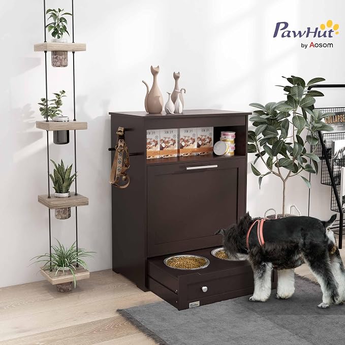 PawHut Dog Feeding Station with Raised Bowls, Pet Feeder Station, Brown | Dog Food Storage Cabinet, Hanger for Feeding & Watering Supplies