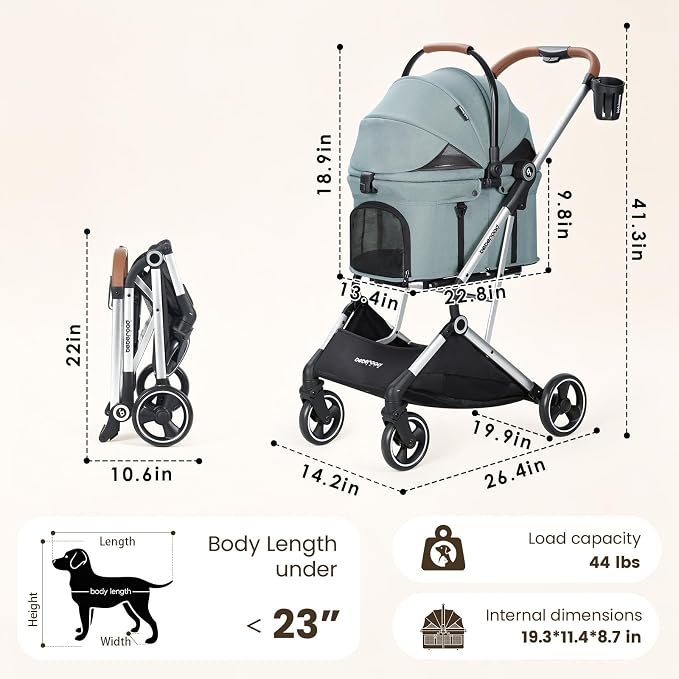 T3 Pro Small Dog Stroller (Green) | Detachable Carrier, 3-in-1 Stroller, Lightweight, Breathable Mesh Fabric, One-Button Braking, Easy to fold, Adjustment Canopy