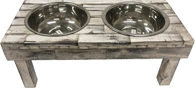Pet Berjen Table Elevated Double Bowl Feeder, White Wash (Large)