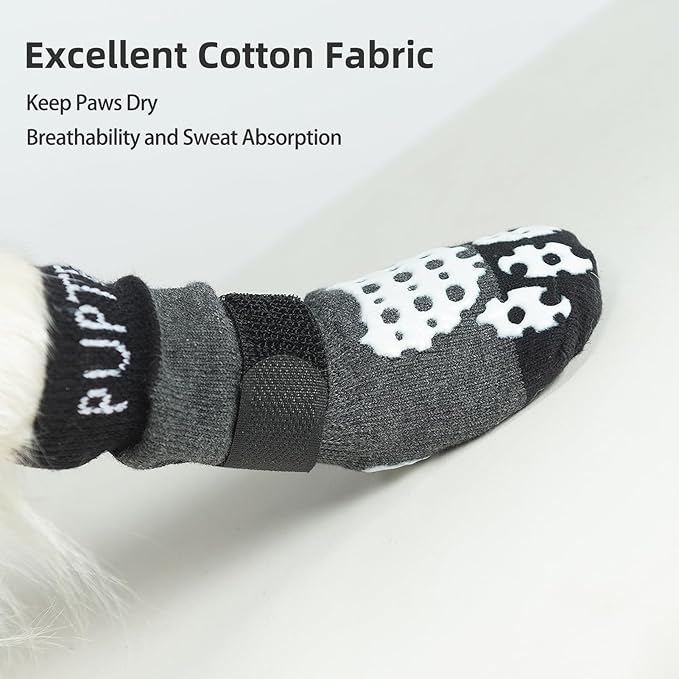 PUPTECK Anti-Slip Dog Socks with Double Sides Grips for Small Medium Large Dogs Hardwood Floors Prevents Licking, Dog Shoes for Hot Pavement Traction Control Paw Protector for Senior Dogs, Grey L