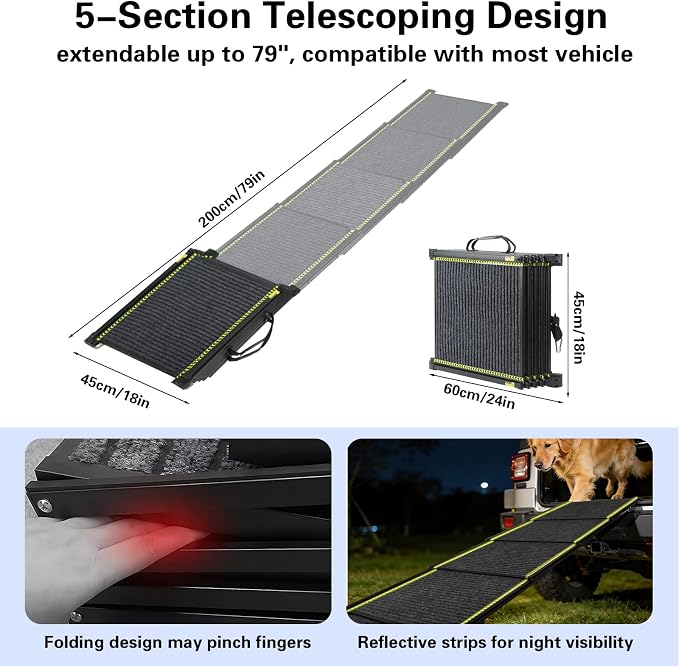 CypherX 79" Dog Ramp for Car SUV, Portable Folding Pet Ramp for Large Dogs | Gentle Incline Dog Car Ramp, Non-Slip Carpet Surface, Quad-Fold Ultra Portable Pet Stairs, Sturdy Aluminum Supports 250lbs