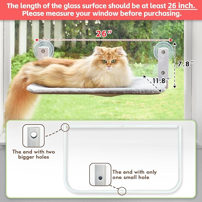 AMOSIJOY Cordless Cat Window Perch, Cat Hammock for Wall with 4 Suction Cups, Solid Metal Frame and Reversible Cover, Foldable Cat Beds for Indoor Cats