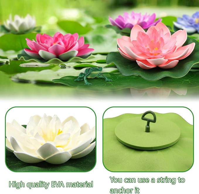 QUOZUO 22 Pack Artificial Floating Foam Lotus Flowers with Artificial Frog Lotus Leaves, Lily Pads for Lake, Pond Plants Ornaments for Pool Water Decoration, Colorful