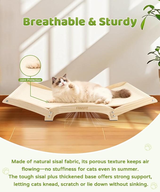 34" Extra Large Cat Scratcher Bed, Natural Sisal Lounge Cat Furniture | Scratch & Rest Design with Wooden Frame, Natural Sisal Scratching Surface, Cozy Lounge Chair for Indoor Cats