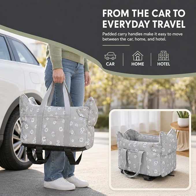 Center Console Dog Car Seat for Small Dogs 5-15 lbs, Gray | Portable Puppy Armrest Booster with Anti-Collapse Support, Washable Fluffy Cushion and Pillow,