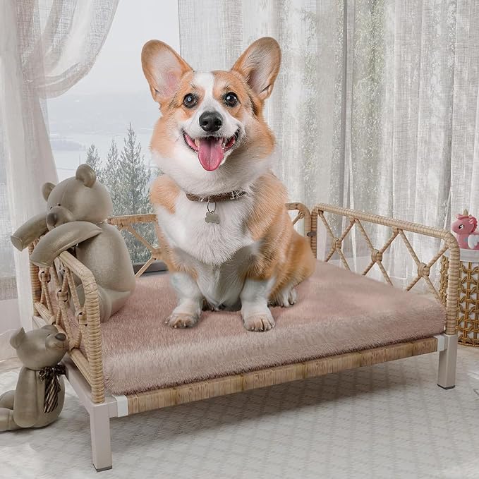 Elevated Waterproof Dog Beds with Egg Crate Foam Support Pet Bed, Outdoor Dog Sofa Bed PE Wicker Orthopedic Pet Couch Bed with Washable Removable Cushion for Medium, Small Dogs, Brown