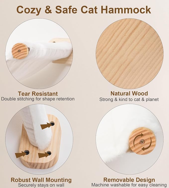 Cat Wall Shelves Set of 4, with 1 Floating Fabric Hammock, 2 Ladders with 4 Steps Each & 1 Flat Shelf – Wall Mounted Bed Furniture & Climber for Large Cats, Indoor Playground