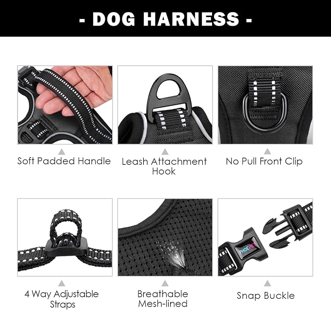 Reflective Dog Harness Large Breed Adjustable No Pull Vest | with Handle 2 Metal Rings 3 Buckles [Easy to Put on & Take off](XL, Black)