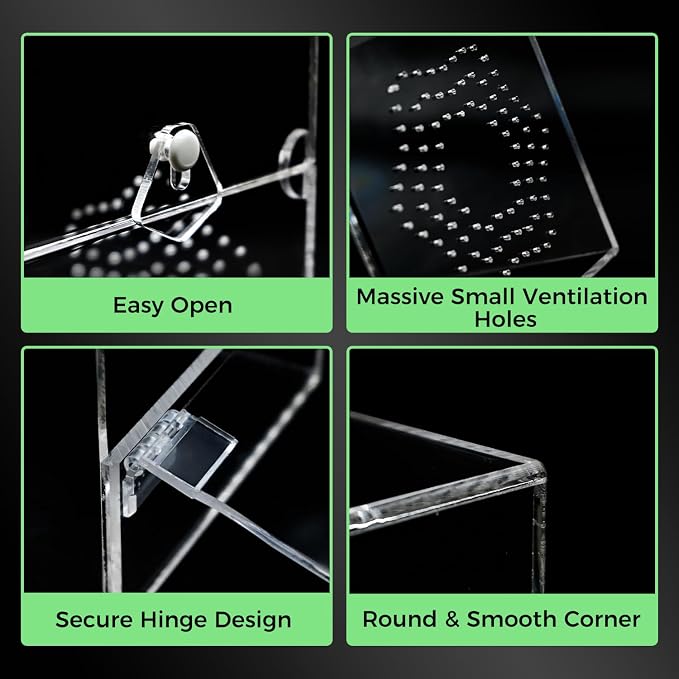 Acrylic Jumping Spider Enclosure, Secure Front Opening Door, 4x4x8 inch, Ventilated Habitat for Tarantulas, Mantis, Hermit Crabs & Small Pets