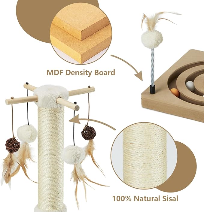 PEEKAB Cat Scratching Post Sisal Scratch Posts for Indoor Cats and Kittens,with Tracking Ball Interactive Toys and Hanging Balls 25 Inches Beige