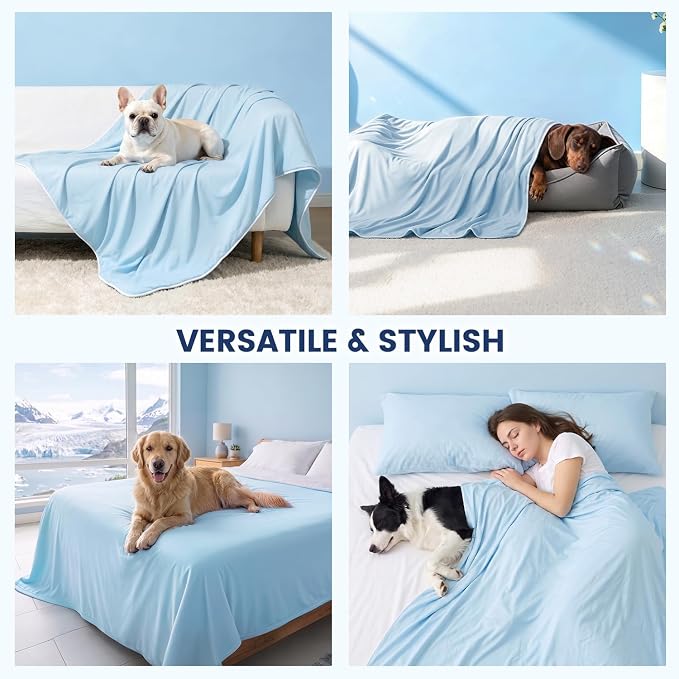 Mora Pets Premium Cooling Blanket for Dogs, Q-MAX>0.5 Washable Breathable Cooling Mat, Lightweight Soft Summer Pet Throw Blanket, Furniture Protector Bed Couch Cover for Large Dog Cat, Blue, 60x80