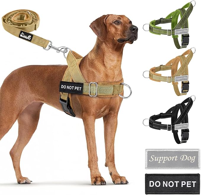 SlowTon No Pull Dog Harness with Front Clip - Heavy Duty, Soft Padded | Neck & Chest Adjustable, Tactical Pet Vest and Leash Set for Large Medium Sized Dogs, for Easy Walk & Training, Tan XL