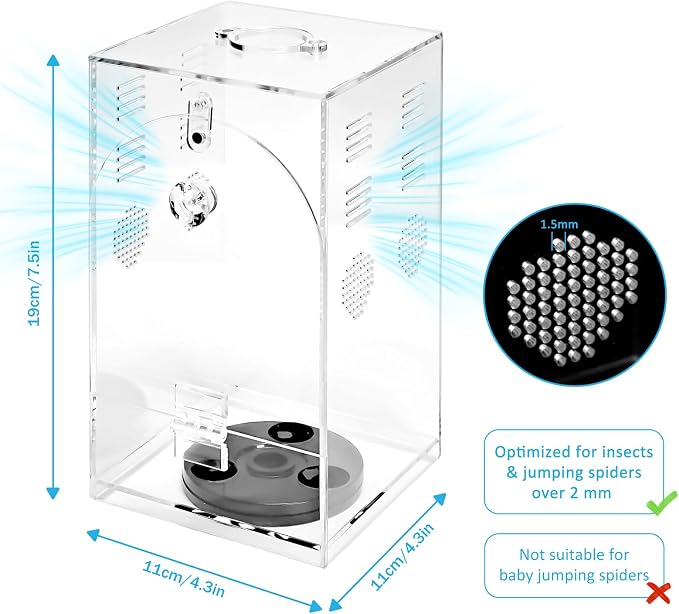 Acrylic Jumping Spiders Enclosure 360 Rotating 4.3" x 4.3" x 7.5" Praying Mantis Habitat