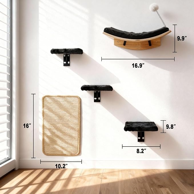 Wooden Cat Wall Shelves and Perches, 5 Piece Wall Mounted Cat Furniture System with Soft Washable Pads, Modern & Space-Saving Design for Climbing and Play