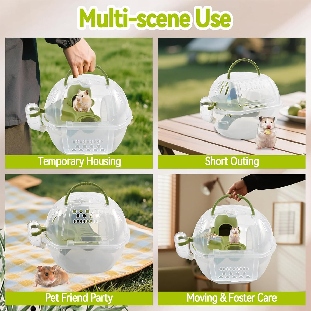 Portable Hamster Carrier Cage,Plastic Hamster Travel Carrier with Water Bottle Food Bowl,Green Lightweight Carrying Case for Small Animal Dwarf Syrian Rat Mice