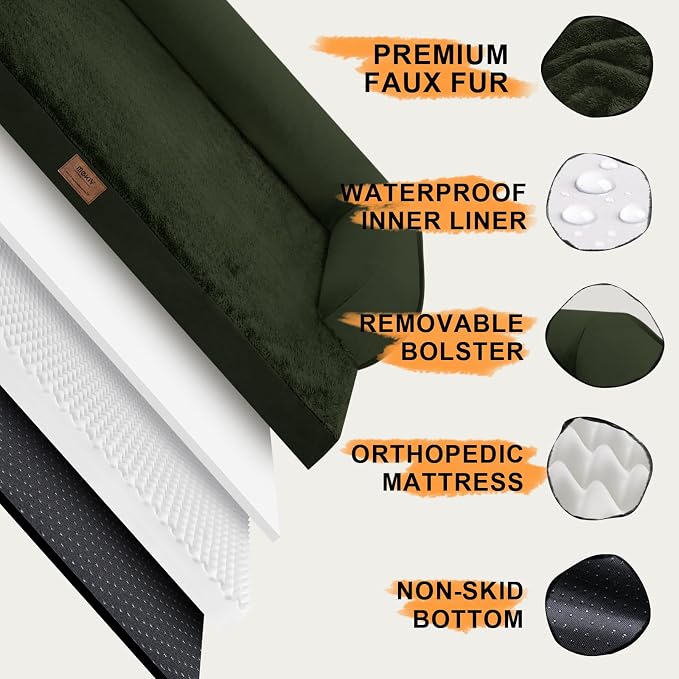 Orthopedic Washable Dog Bed with Bolster for Large Sized Dogs | Pillow Support for Neck Relief, Egg Crate Foam, Waterproof Liner, Anti-Slip Bottom, Machine Washable Cover, 38 x 25 Inch