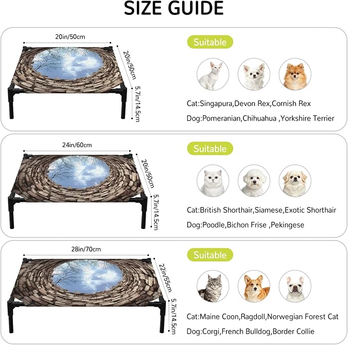 Outdoor Elevated Dog Bed for Small Dogs, Circular Well Breathable Cooling Raised Dog Cot for Indoor/Outdoor, Tree Branches Sky Vintage Aged Waterproof Elevated Pet Beds, S 20 x 20 in