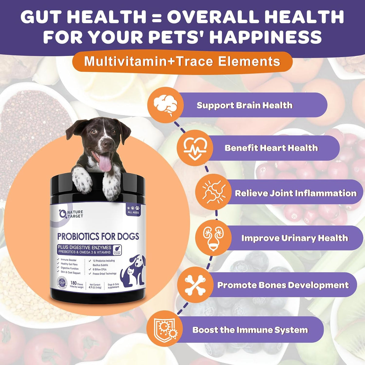 NATURE TARGET Probiotics for Dogs, 6 Billion CFUs, Freeze Dried Dog Probiotics with Prebiotics & Enzymes for Diarrhea, Gas, Vitamins & Omega 3 for Skin & Immune Health, Allergy Itch Relief, 180 Count