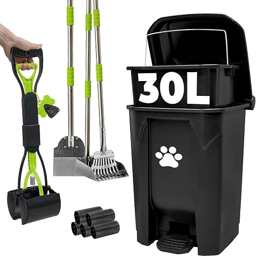 30L Dog Poop Trash Can Outside, Dog Waste Container with Pooper Scooper | Foot-pedal lid, removable inner bucket, metal rake, shovel & dustpan, bone bag dispenser with 5 waste bag rolls for yard.