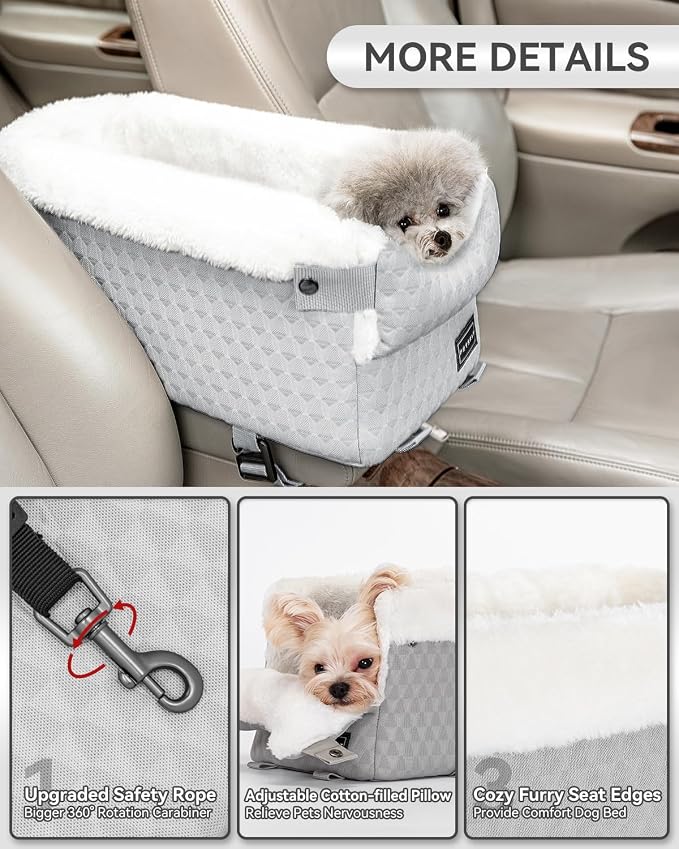PETSFIT Small Dog Car Seat with Washable Cushion, Soft Pillow, Safety Leash | Dual Seat-rail Hooks with Adjustable Straps Help Reduce Shifting, Console Dog Car Seat for pets Under 8 lbs, Light Grey