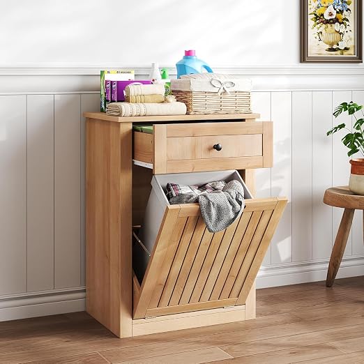10 Gallon Tilt Out Trash Can Cabinet with Drawer, Hidden Trash Can, Wood | Cabinet with Drawers for Kitchen, Bathroom and Laundry Room