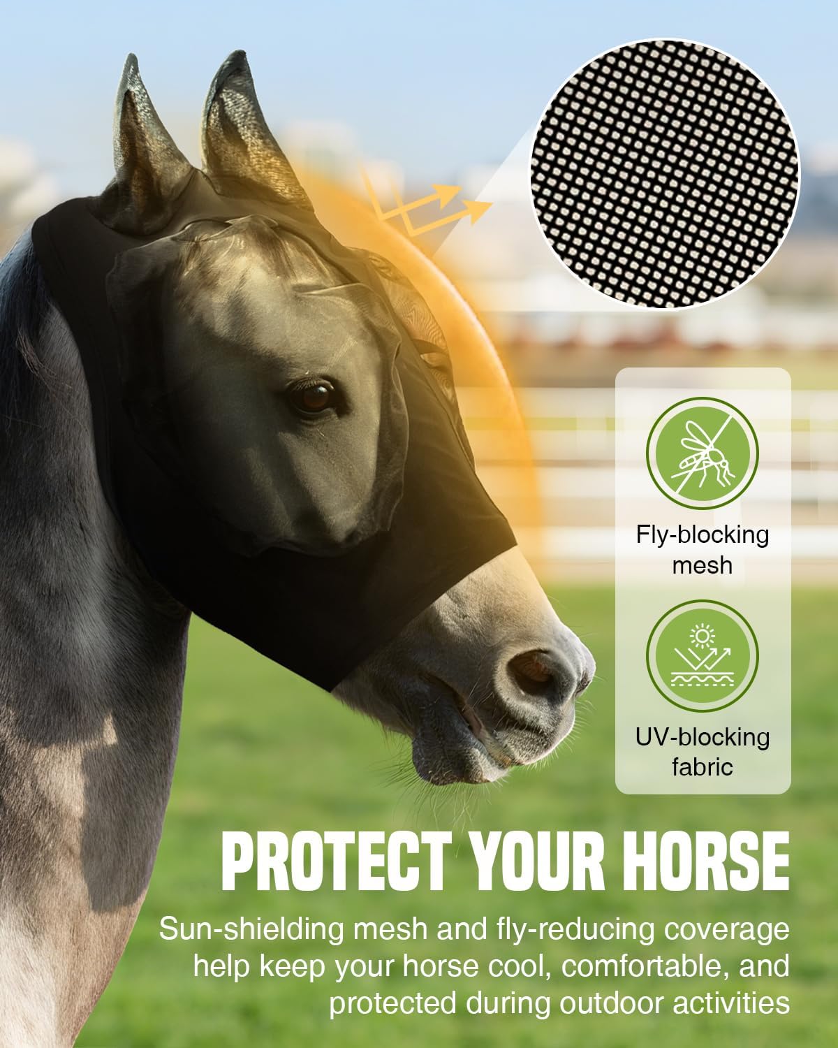 JWODVNTH Fly Masks for Horses with Ears - Large Eye Space, Comfort, UV-Block - Horse Fly Mask for Daily Stable, Hot Weather Riding, and Competition - Pony, Black